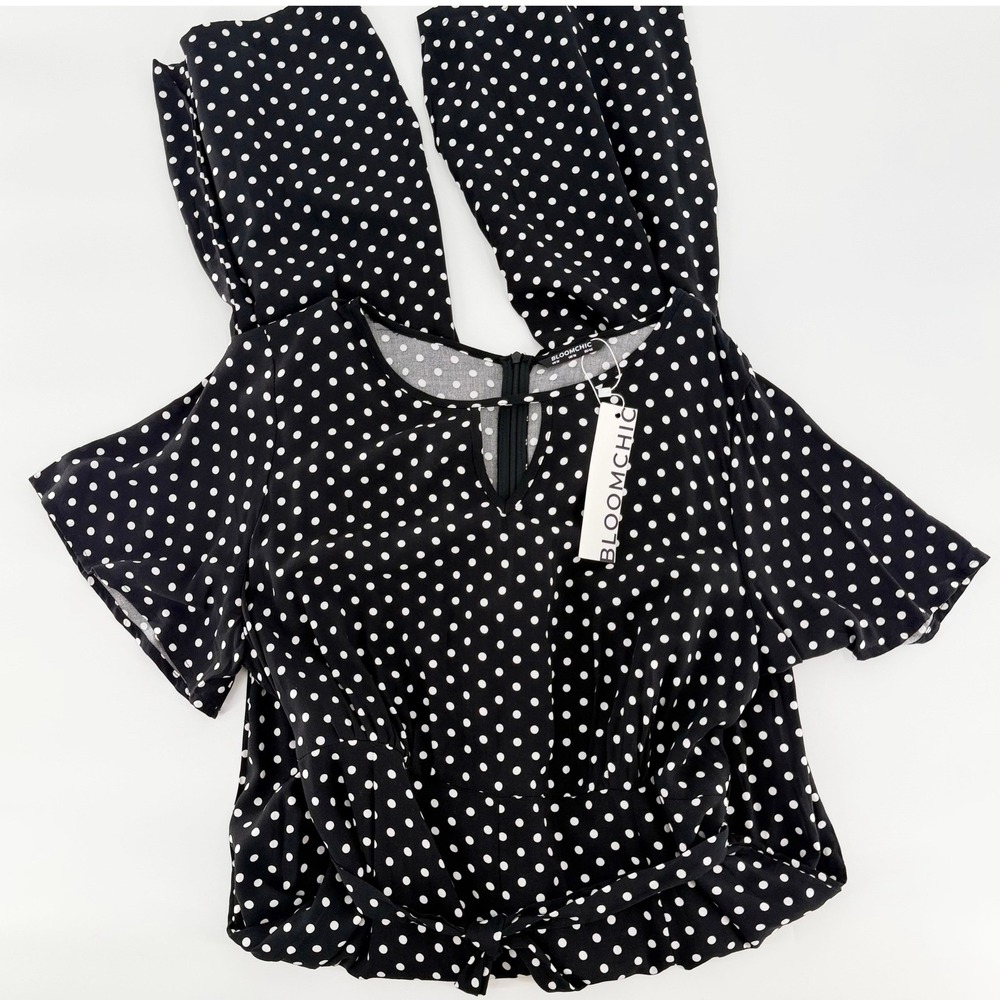BLOOMCHIC Black Polka Dot Wide Leg Jumpsuit Flutter Sleeve Tie Waist Size 12 NEW